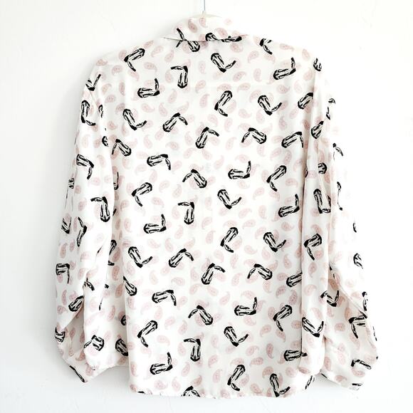 Zara Cream Beige & Pink Button Up Shirt Paisley & Boot Cowgirl Print Top Medium - Picture 3 of 7